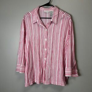 White Stag Womens XL Melon Pink White Striped Button Down Shirt 3/4 Sleeve